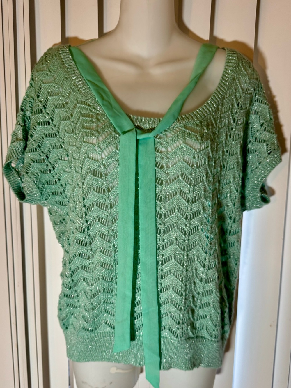 Worthington Mint Openwork Knit Short Sleeve Top with Neck Tie